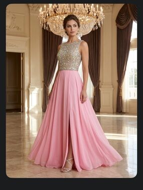 Beaded Bodice Pink Prom Gown